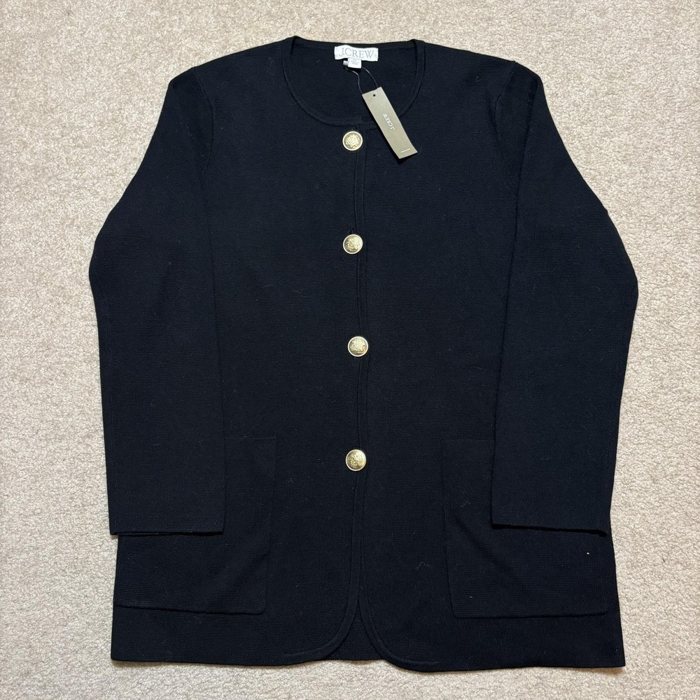 J.Crew‎ Sweater Womens XS Black Gold Button Cardigan Pockets Merino Blend NWT